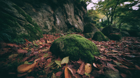 Moss covered rock in the autumn forest. Selective focus.の素材