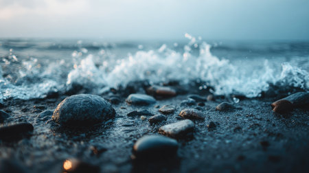 Waves breaking on the beach with pebbles on the sand.の素材