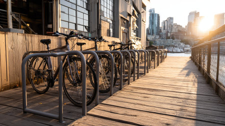 Bicycles parked on a wooden walkway in New York Cityの素材