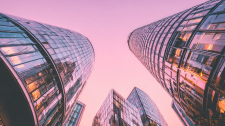 low angle view of modern skyscrapers in business district at sunsetの素材