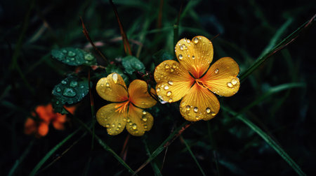 Beautiful yellow flower with water drops on the petals after rainの素材