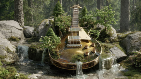 Guitar in the forest, 3d render. Computer digital drawing.の素材