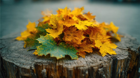 Autumn maple leaves on a wooden stump. Selective focus.の素材
