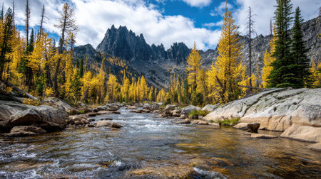 Mountain river in the autumn. Yading national level reserve, Daocheng County, Sichuan Province, China.の素材