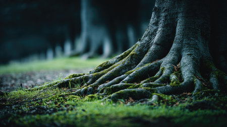 Close up of the roots of a tree in a forest with mossの素材