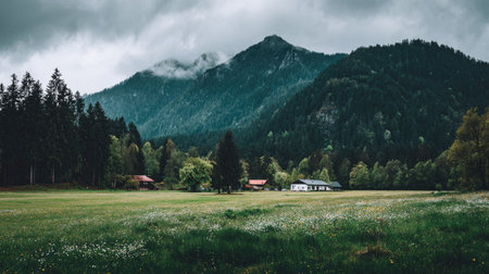 Meadow in the mountains with a farm house in the backgroundの素材
