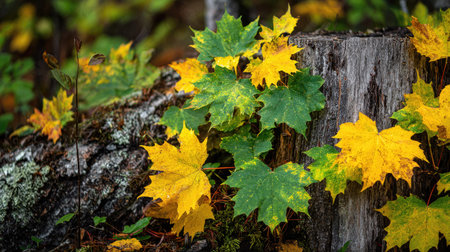 Autumn maple leaves on a tree stump in the forest. Autumn landscapeの素材