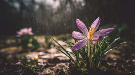 Crocuses in the rain. First spring flowers in the forest.の素材