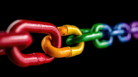 Colorful chain links isolated on black background, close up view.の素材