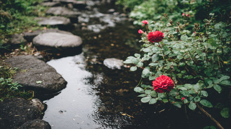 Roses in a Japanese garden with a stream in the background.の素材