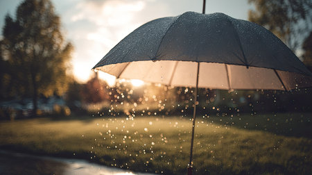 Umbrella with raindrops on the background of the sunset.の素材