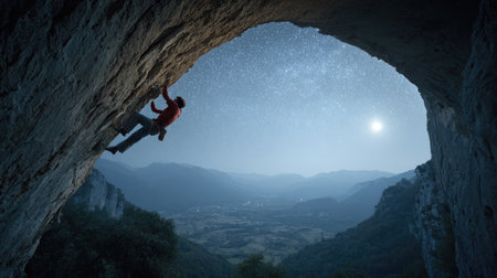 Rock climber climbing a challenging route on a rocky wall at night.の素材
