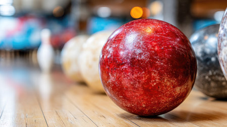 Bowling ball on the bowling alley in bowling club, soft focus backgroundの素材