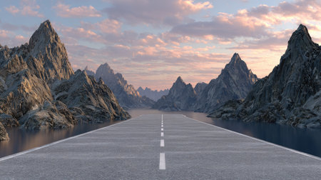 3D rendering of a road leading to the horizon with mountains in the backgroundの素材