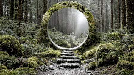 Hiking trail in the forest with a round mirror in the middleの素材