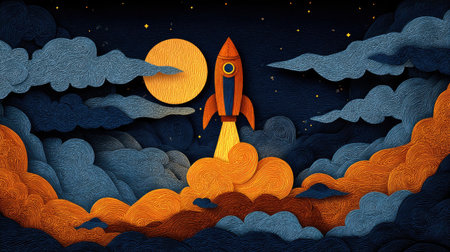 Rocket in the night sky with clouds. Paper art style. Vector illustrationの素材