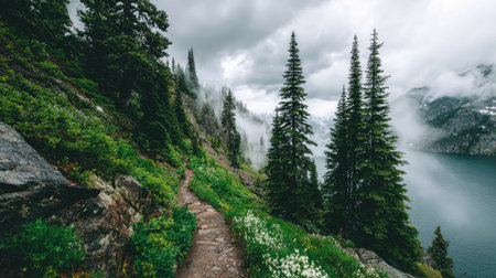 Hiking trail in the mountains. Rocky Mountain National Park, Canadaの素材