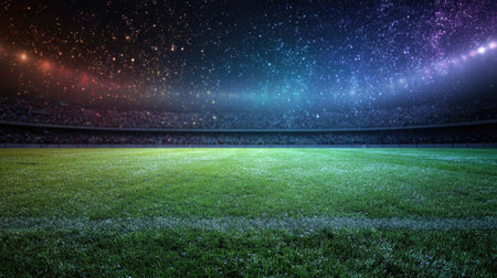 lights at night and stadium with green grass field 3d render illustrationの素材