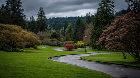Rhododendron garden in Seattle, Washington on a rainy day.の素材