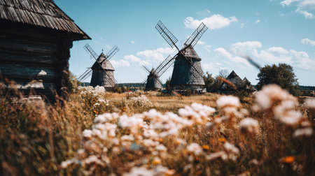 Old windmills in the village of Kostroma, Russiaの素材
