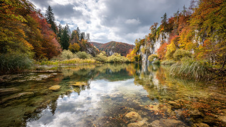 Autumn landscape with colorful forest and lake in Jiuzhaigou, Chinaの素材
