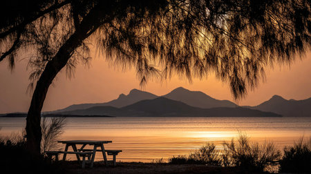 Table and chair on the beach at sunset with mountain in the backgroundの素材