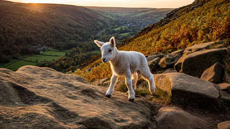 A young lamb standing on top of a rock in the Peak District National Parkの素材