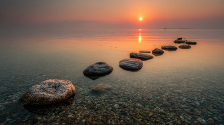 Beautiful sunrise over the sea with stones in the water. Nature composition.の素材