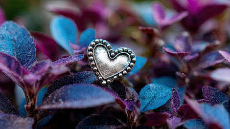 Heart-shaped silver pendant on a background of purple leaves.の素材