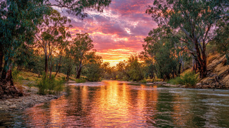 Sunset over a river in the gum tree forest, Northern Territory, Australiaの素材