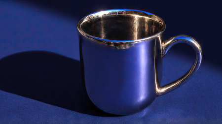 Cup of coffee on a blue background with hard light and shadowsの素材