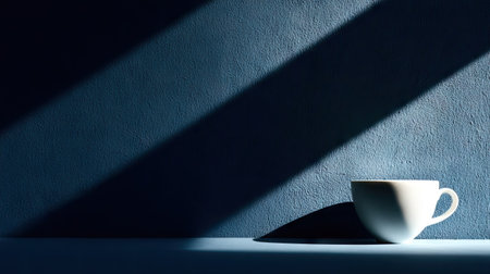 Coffee cup with shadow on blue wall background, morning lightの素材