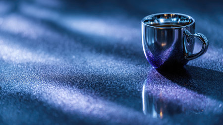 Cup of coffee on a blue shiny background. Selective focus.の素材