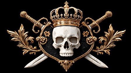 Skull with crown and two crossed swords on a black background.の素材
