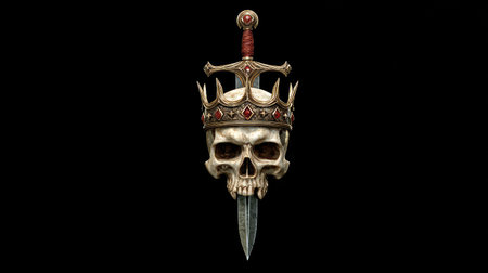 Skull with a crown and a sword on a black background.の素材