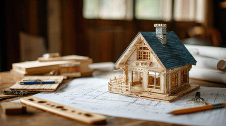 Architectural model of a house with blueprints on the tableの素材