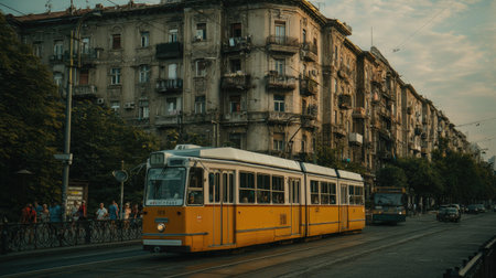 Vintage yellow tram on the street in Lisbon, Portugal. Street view.の素材