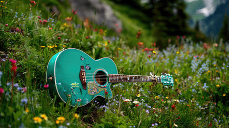 Guitar in the alpine meadow with wildflowersの素材