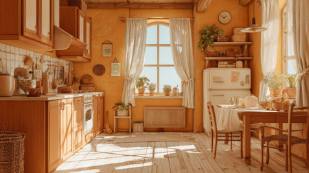Interior of rustic kitchen in vintage style. 3d renderの素材