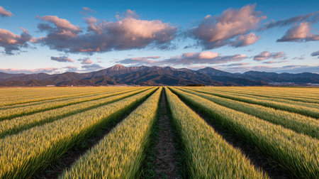 Sunset over a rice field with mountains and clouds in the backgroundの素材