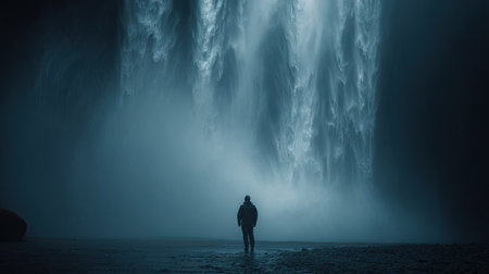 Man standing in front of a big waterfall with fog in the backgroundの素材