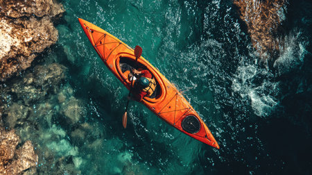 Aerial view of kayak in turquoise sea water.の素材