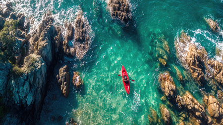 Aerial view of woman kayaking in the sea on a sunny dayの素材