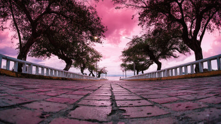 Beautiful view of the sea from the bridge over the road.の素材