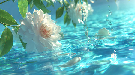 White peony flower on the water surface and falling drops of waterの素材
