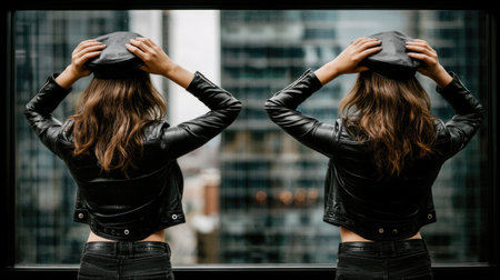 Back view of two young women in black leather jackets looking out the windowの素材