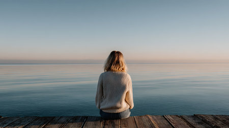 A woman sits on a wooden pier and looks at the sea.の素材