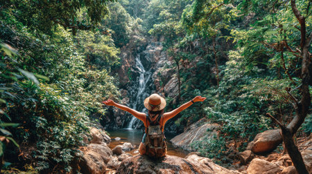 Woman traveler with backpack looking at beautiful waterfall in tropical forest, Thailandの素材