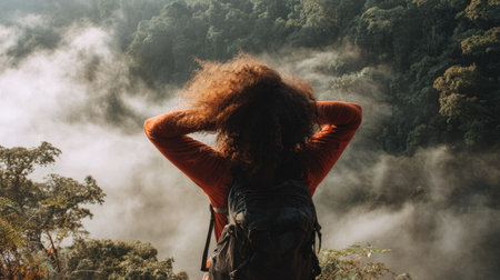 Back view of young woman with curly hair standing on top of the mountain and looking at foggy forest.の素材