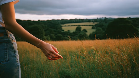 Woman hand in wheat field at sunset. Female hand touching grass.の素材